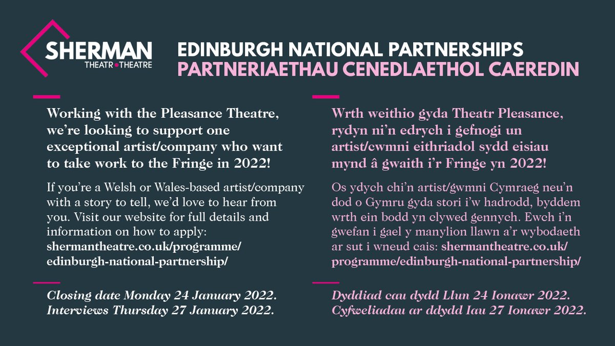 ⭐️Take you work to #EdFringe⭐️

We are delighted to be working with <a href="/ThePleasance/">Pleasance</a> as part of their Edinburgh National Partnerships programme to support one Welsh or Wales-based artist or company who want to take work to #EdinburghFringe in 2022.
[1/2]