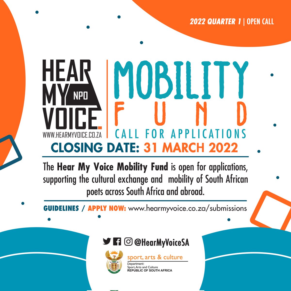 The <a href="/HearMyVoiceSA/">Hear My Voice</a> Mobility Fund is open for applications, supporting the cultural exchange and mobility of South African poets accross South Africa and abroad.
 
Visit our website for the full guidelines and to apply:
hearmyvoice.co.za/blog/post?id=37