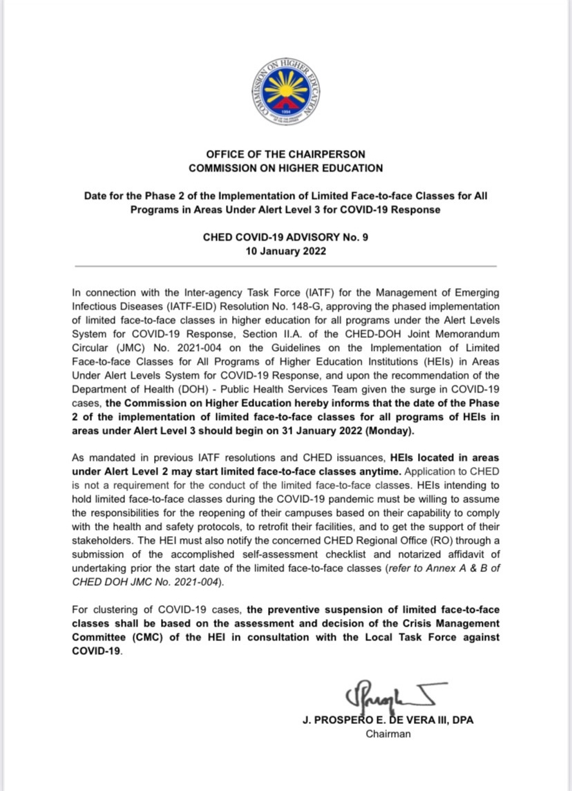 ABSCBNNews's tweet photo. Limited face to face classes for all degree programs in areas under Alert Level 3 should begin on Jan. 31, based on CHED COVID-19 Advisory No. 9 | via @arraperezDZMM  https://t.co/DVYmbnyMgb