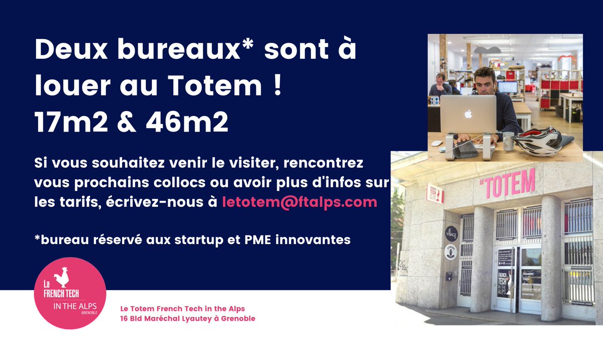 FTAlps - Grenoble (@ftalpsgrenoble) on Twitter photo Deux bureaux viennent de se libérer au #Totem de la <a href="/FTAlpsGrenoble/">FTAlps - Grenoble</a> !
Avis aux startup et jeunes entreprises qui innovent.
Ecrivez-nous par mail ou en MP Deux bureaux viennent de se libérer au #Totem de la <a href="/FTAlpsGrenoble/">FTAlps - Grenoble</a> !
Avis aux startup et jeunes entreprises qui innovent.
Ecrivez-nous par mail ou en MP