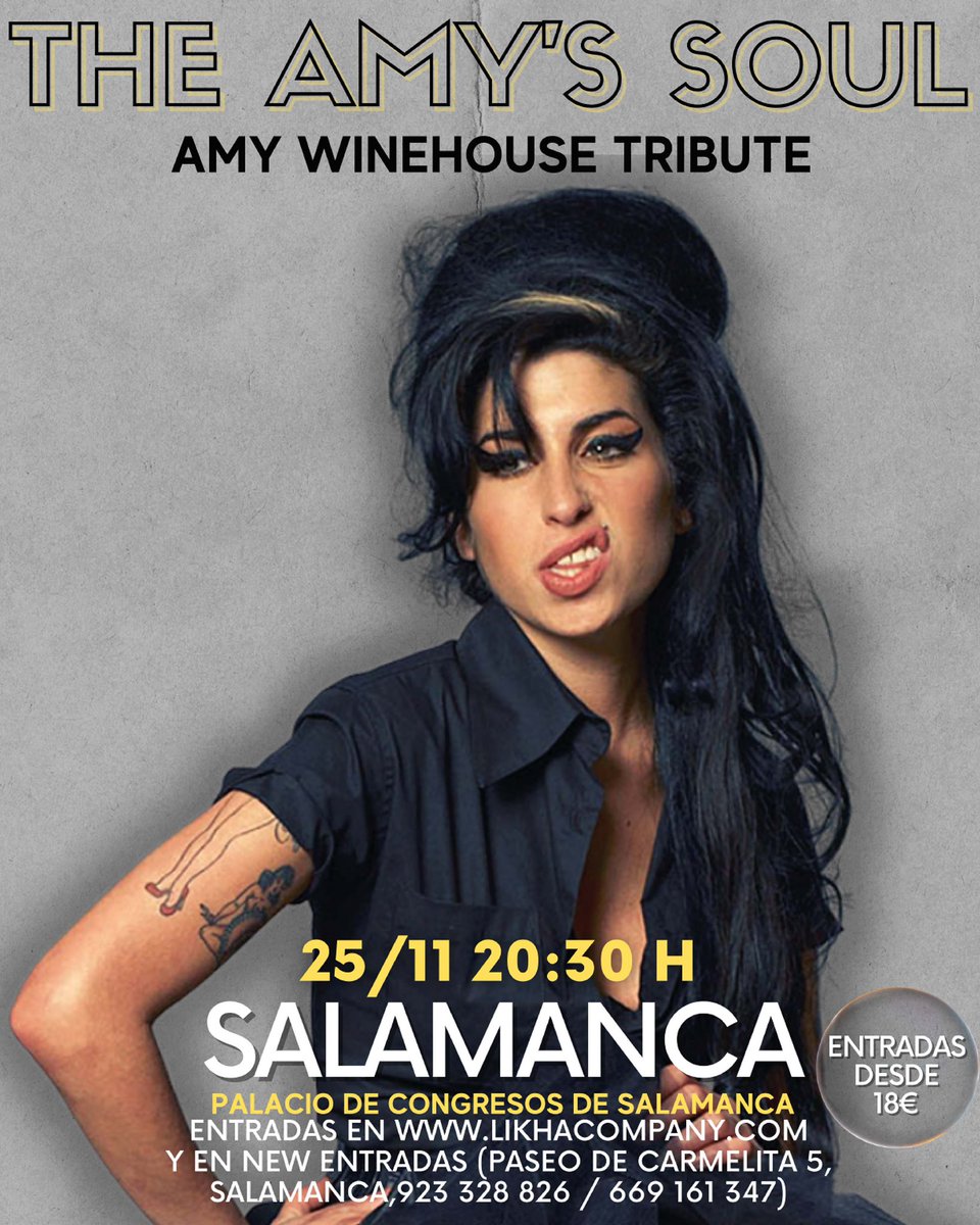 LikhaCompany's tweet photo. #TheAmysSoul es un tributo a #AmyWinehouse que transmite de una manera fiel y respetuosa, la esencia que Amy. Un homenaje al concierto en el Shepherd’s Bush Empire. 22 abril VALLADOLID / 10 septiembre – TOLEDO / 25 noviembre SALAMANCA. Entradas🎟 en https://t.co/2q5qbAwuUL https://t.co/l9luilzhgZ