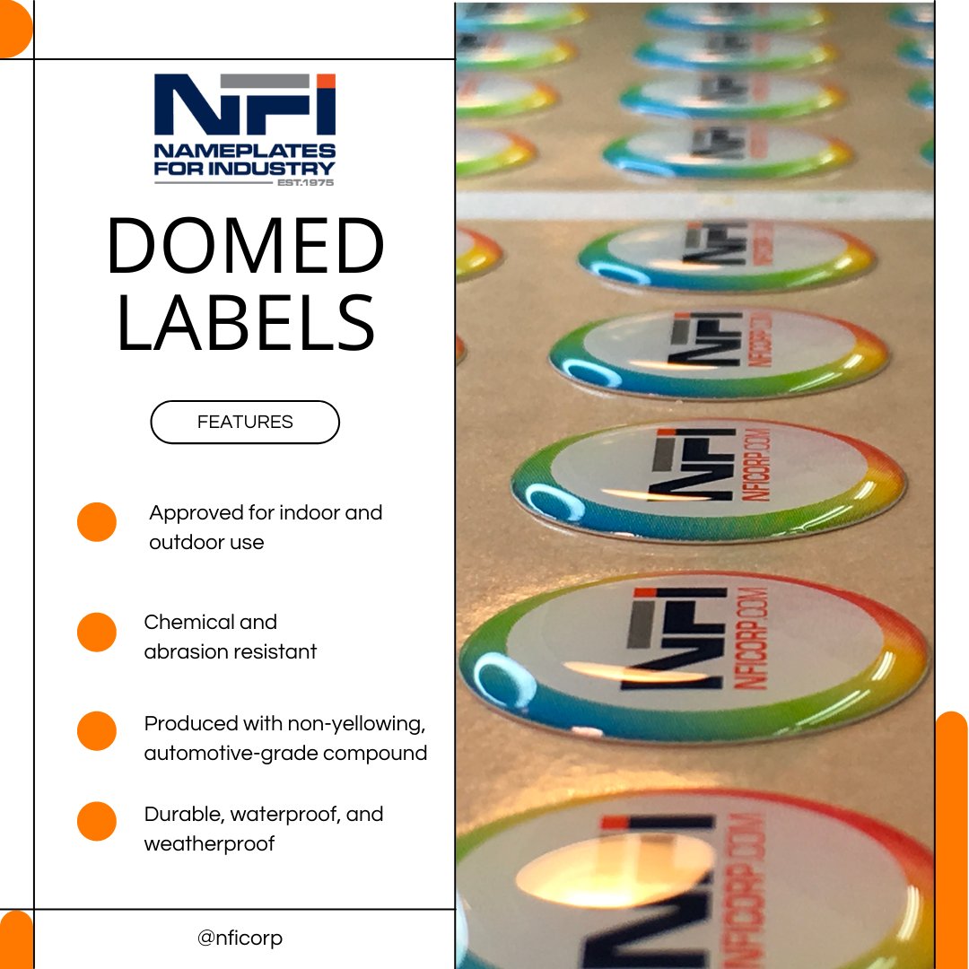NFIcorp's tweet image. Domed labels sport a high-end look! Without a doubt, this eye-catching 3D label makes your company logo POP! NFI Corp.’s domed labels stand up to salt water, cleansers, solvents, and harsh weather conditions. 
#domedlabels #printing #manufacturing #quality #print #safety