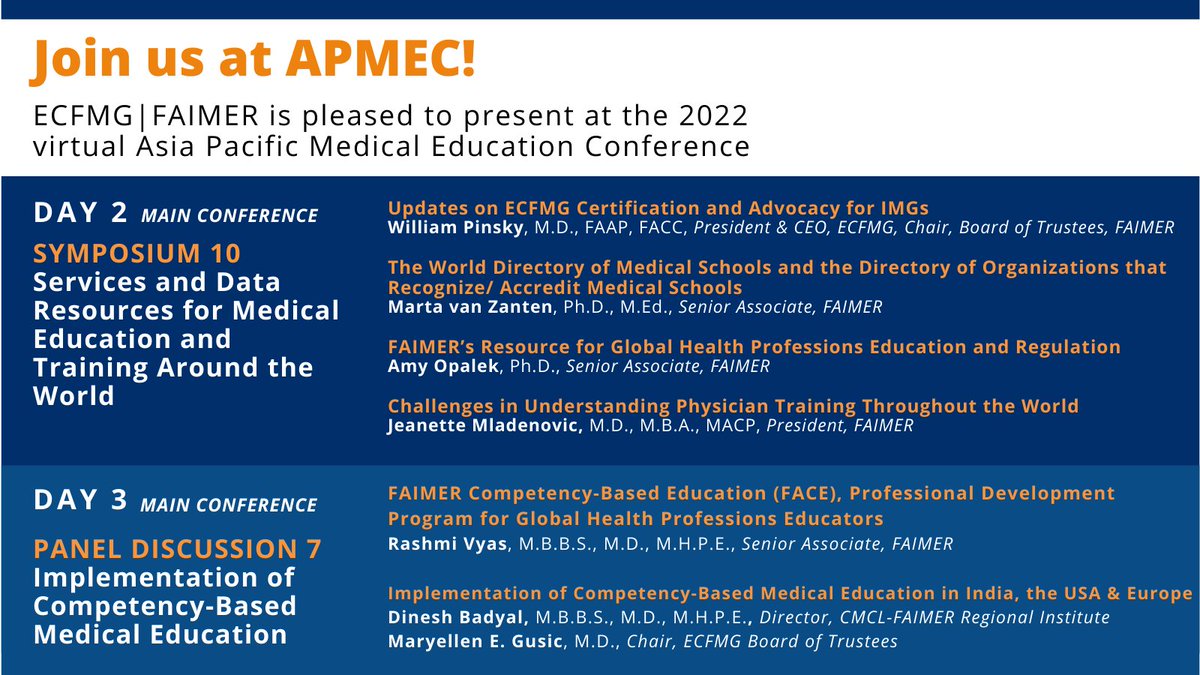 ECFMG_IMG's tweet photo. ECFMG|FAIMER is honored to be a Partner of the 2022 virtual Asia Pacific Medical Education Conference Jan. 12-16! If you are attending, please plan to join us for these sessions. For dates and times, see the full program: https://t.co/dLZt6gO9q1 https://t.co/SX3OBWYmWz
