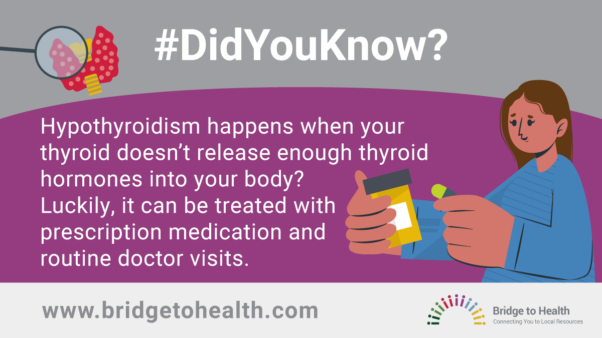 #DidYouKnow hypothyroidism happens when your thyroid doesn’t release enough thyroid hormones into your body? Luckily, it can be treated with prescription medication and routine doctor visits. Learn more about the symptoms here: bridgetohealth.com/helpful-materi…