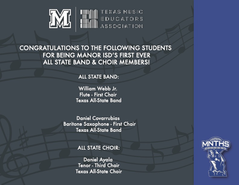 Congratulations to the following scholars who were named @manorisd's FIRST EVER All State Band and Choir students! You make us so proud!