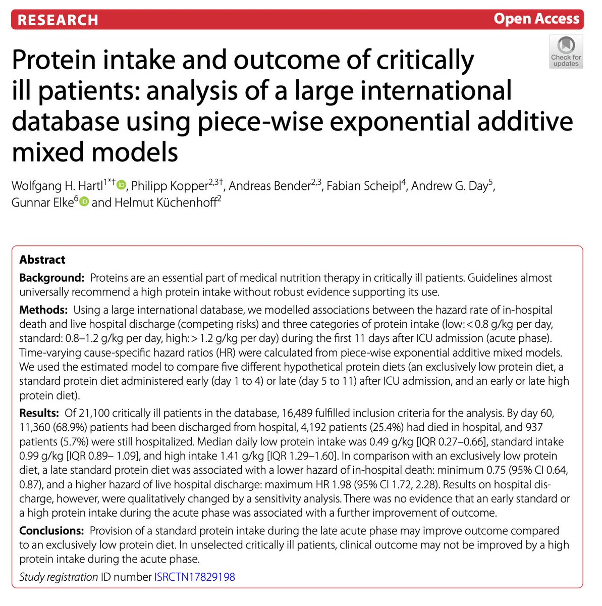 CriticalCareNu1's tweet photo. An intake of 0.8–1.2 instead of < 0.8 g protein/kg day beyond #ICU day 4 was associated with a lower hazard of in-hospital death and a higher hazard of live hosp discharge. A high #protein intake (> 1.2 g/kg day) was not associated with a better outcome. https://t.co/nFKT26VgRw https://t.co/D2yQ4gpVrH