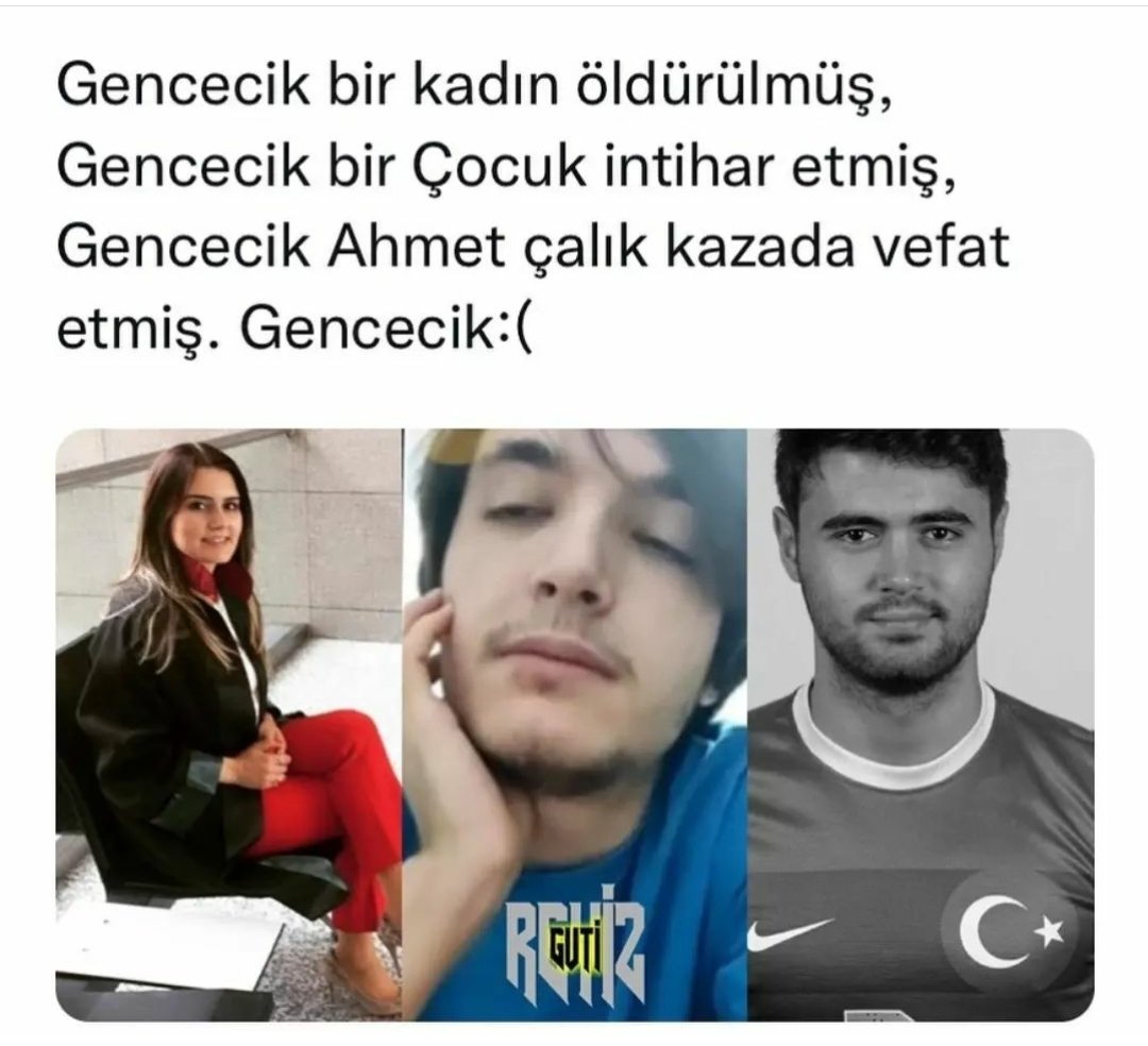 Gencecik hayatlar...
Ve geride bir sürü acılı aile..
Allah sabr versin...
Mekanları cennet olsun...

 #AHMETCALIK
#EnesKara
#DilaraYıldız