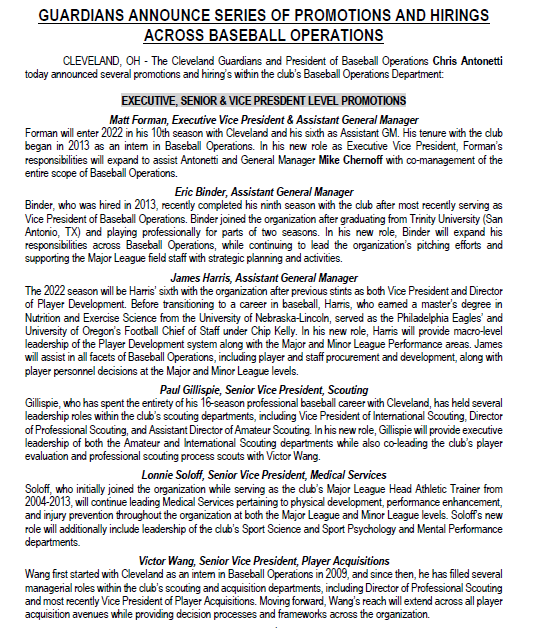 GuardsInsider's tweet photo. Guardians announce a series of Baseball Operations promotions
+Matt Forman elevated to Executive Vice President & Assistant General Manager
+Eric Binder and James Harris promoted to Assistant General Managers
https://t.co/g8Qfr0kYjS https://t.co/sTdpQm1E1X