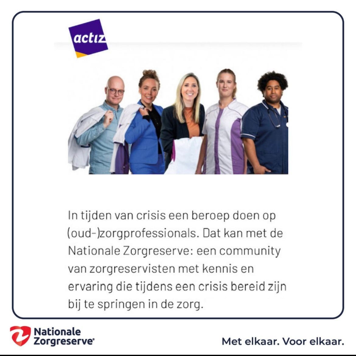 Door corona is de druk op de zorg nog altijd ongekend hoog. Zeker in de VVT-sector, die al voor de crisis te maken had met een tekort aan personeel. Zorgreservisten helpen daar in de zorg.

 Actiz heeft hier een artikel over geschreven: ow.ly/2owl50Hs418. Help je mee?