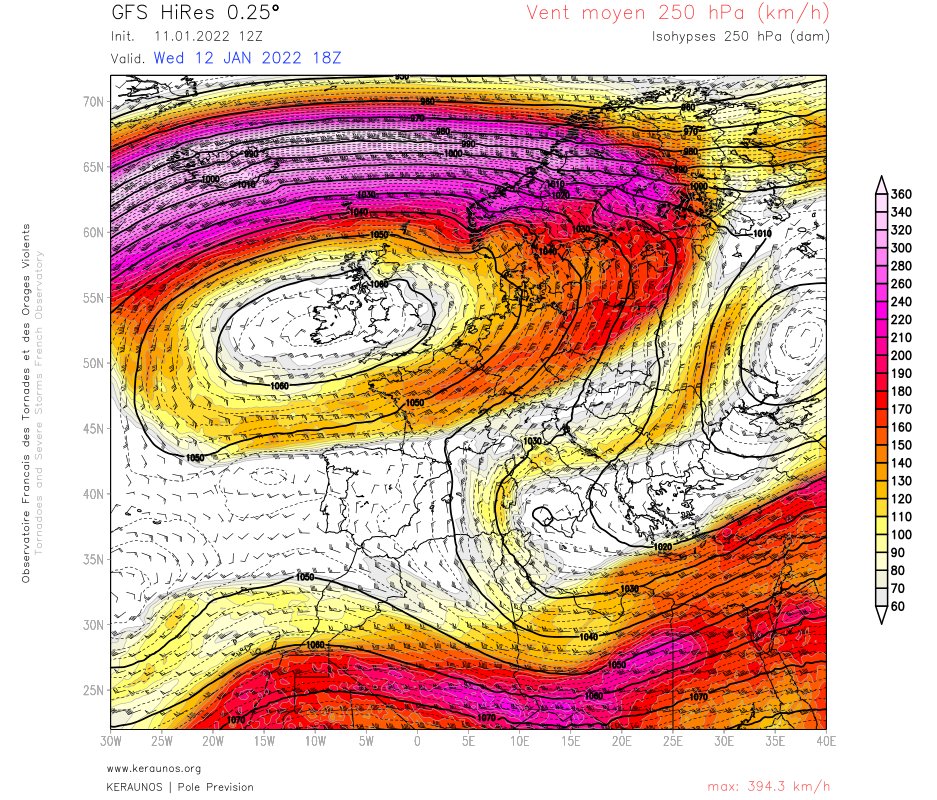 Jet extrêmement puissant dès demain entre l'Islande et la Norvège, sur le flanc nord d'un puissant anticyclone.
Le courant-jet devrait atteindre 400 km/h et contribuera à des pluies durables et intenses sur le relief de la Norvège. 