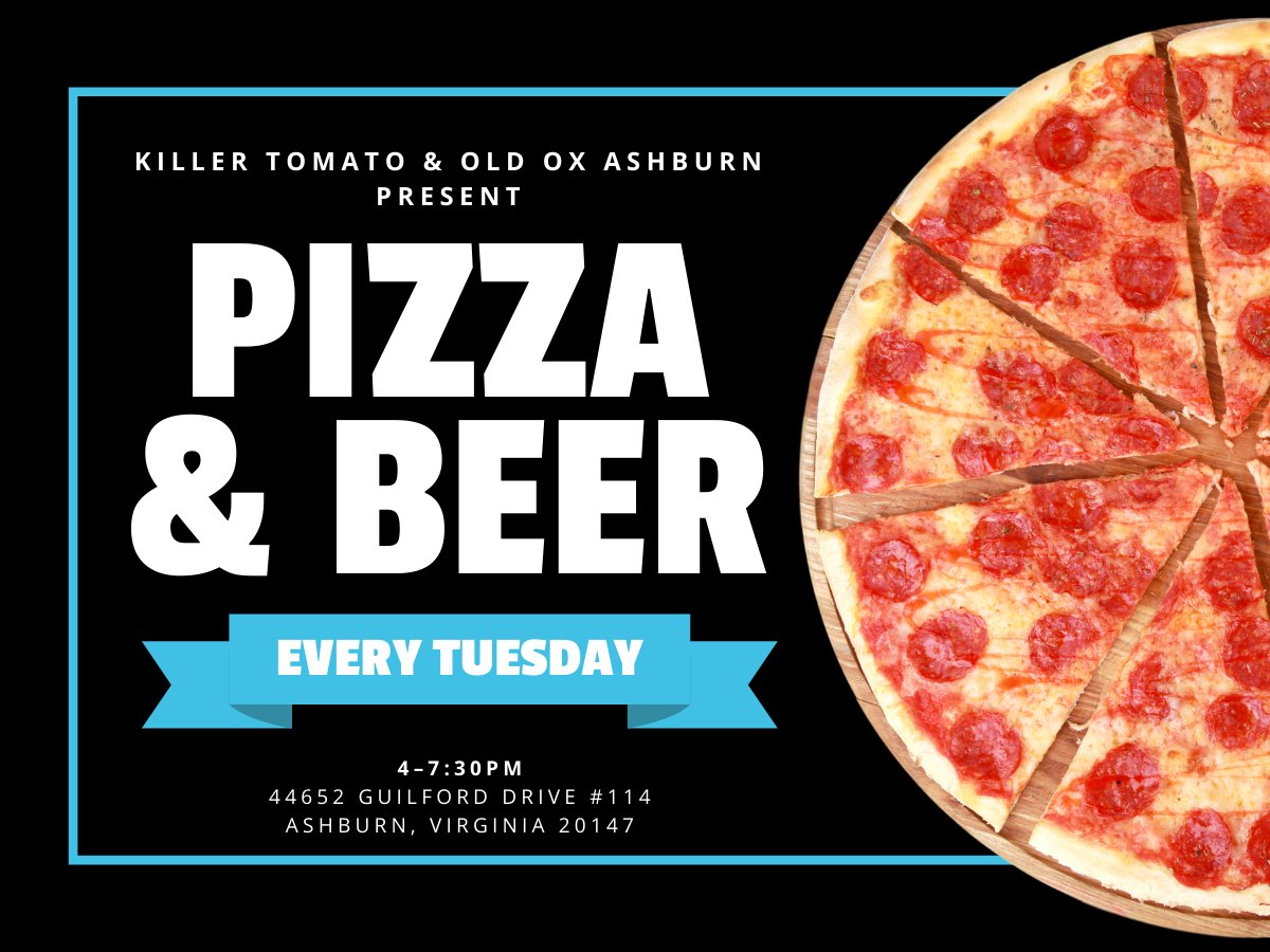 OldOxBrewery's tweet photo. Need dinner plans? It's Pizza &amp; Beer Tuesday at Old Ox🍕🍺 

Join us every Tuesday from 4–7:30pm as we team up with @killertpizza to offer dine-in or take-out pizza and beer! https://t.co/nQMQOYYpFH