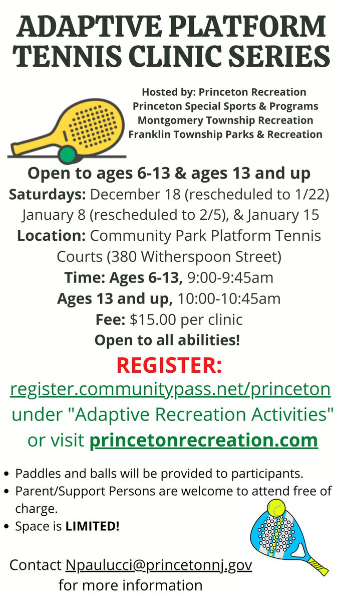 Princeton Recreation Dept. (@princetonrec) on Twitter photo Space is open for our Adaptive Platform Tennis Clinics this Saturday 1/15! Register here: register.communitypass.net/princeton under "Adaptive Recreation Activities"
<a href="/pmsbl/">P'ton Summer League</a> <a href="/PrincetonPSS/">Princeton Special Sports & Programs</a> <a href="/TwpofFranklin/">Township of Franklin</a> <a href="/MontyRec/">MontgomeryRecreation</a> <a href="/PlanetPrinceton/">Planet Princeton planetprinceton.bsky.social</a> <a href="/princetonK12/">PrincetonK12</a> <a href="/PrincipalSS_JP/">Dr. Angela Siso Stentz</a> <a href="/TownTopics/">Town Topics</a> <a href="/EdenAutism/">Eden Autism</a> Space is open for our Adaptive Platform Tennis Clinics this Saturday 1/15! Register here: register.communitypass.net/princeton under "Adaptive Recreation Activities"
<a href="/pmsbl/">P'ton Summer League</a> <a href="/PrincetonPSS/">Princeton Special Sports & Programs</a> <a href="/TwpofFranklin/">Township of Franklin</a> <a href="/MontyRec/">MontgomeryRecreation</a> <a href="/PlanetPrinceton/">Planet Princeton planetprinceton.bsky.social</a> <a href="/princetonK12/">PrincetonK12</a> <a href="/PrincipalSS_JP/">Dr. Angela Siso Stentz</a> <a href="/TownTopics/">Town Topics</a> <a href="/EdenAutism/">Eden Autism</a>