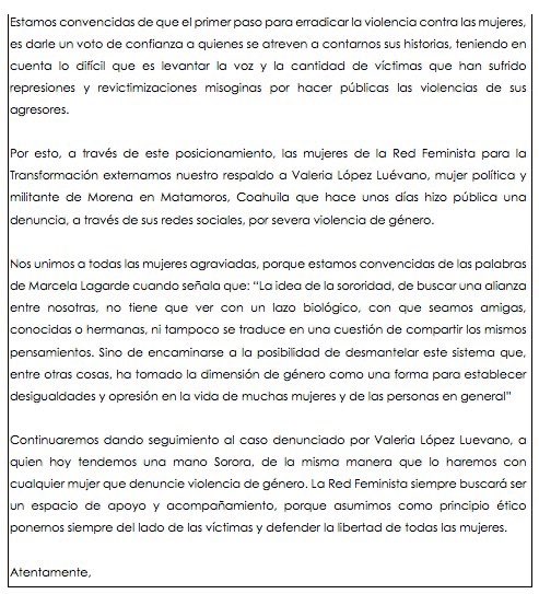 RedFeministaT's tweet photo. Posicionamiento de respaldo a Valeria López Luevano por la denuncia sobre violencia de género que emitió a través de sus redes sociales. https://t.co/mVizH05UfX