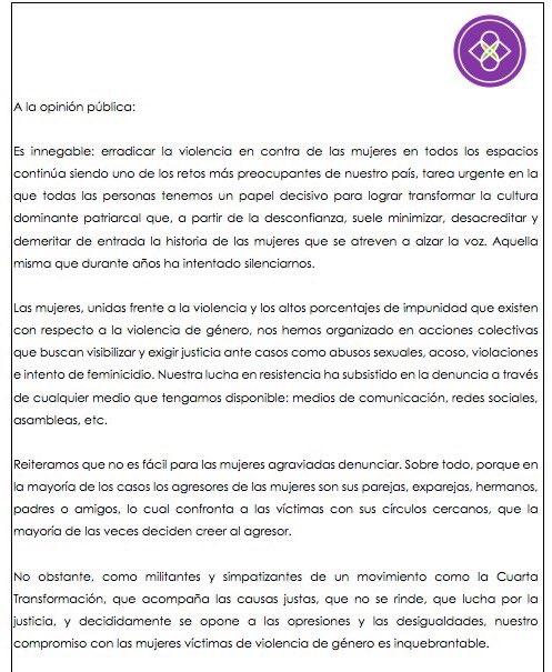 RedFeministaT's tweet photo. Posicionamiento de respaldo a Valeria López Luevano por la denuncia sobre violencia de género que emitió a través de sus redes sociales. https://t.co/mVizH05UfX