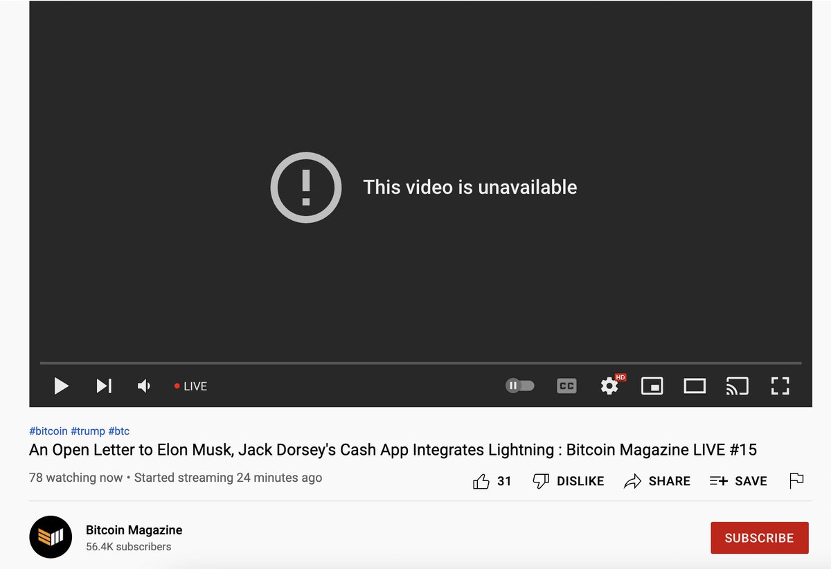 BitcoinMagazine's tweet photo. 🚨 Our @YouTube with 60,000 followers just got BANNED mid-livestream with no warning. DELETED

When will the aggression against #Bitcoin content end? 

#BITCOIN CANNOT BE STOPPED https://t.co/mpfaDvWFDj