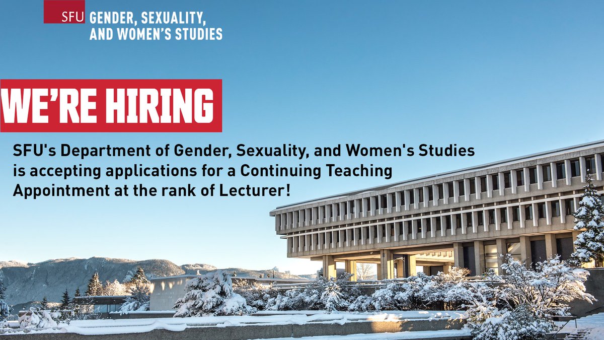 We're Hiring!

Re-post for Lecturer (Continuing Teaching Appointment) with SFU Gender, Sexuality, and Women's Studies

More info at:  sfu.ca/gsws/about-us/…