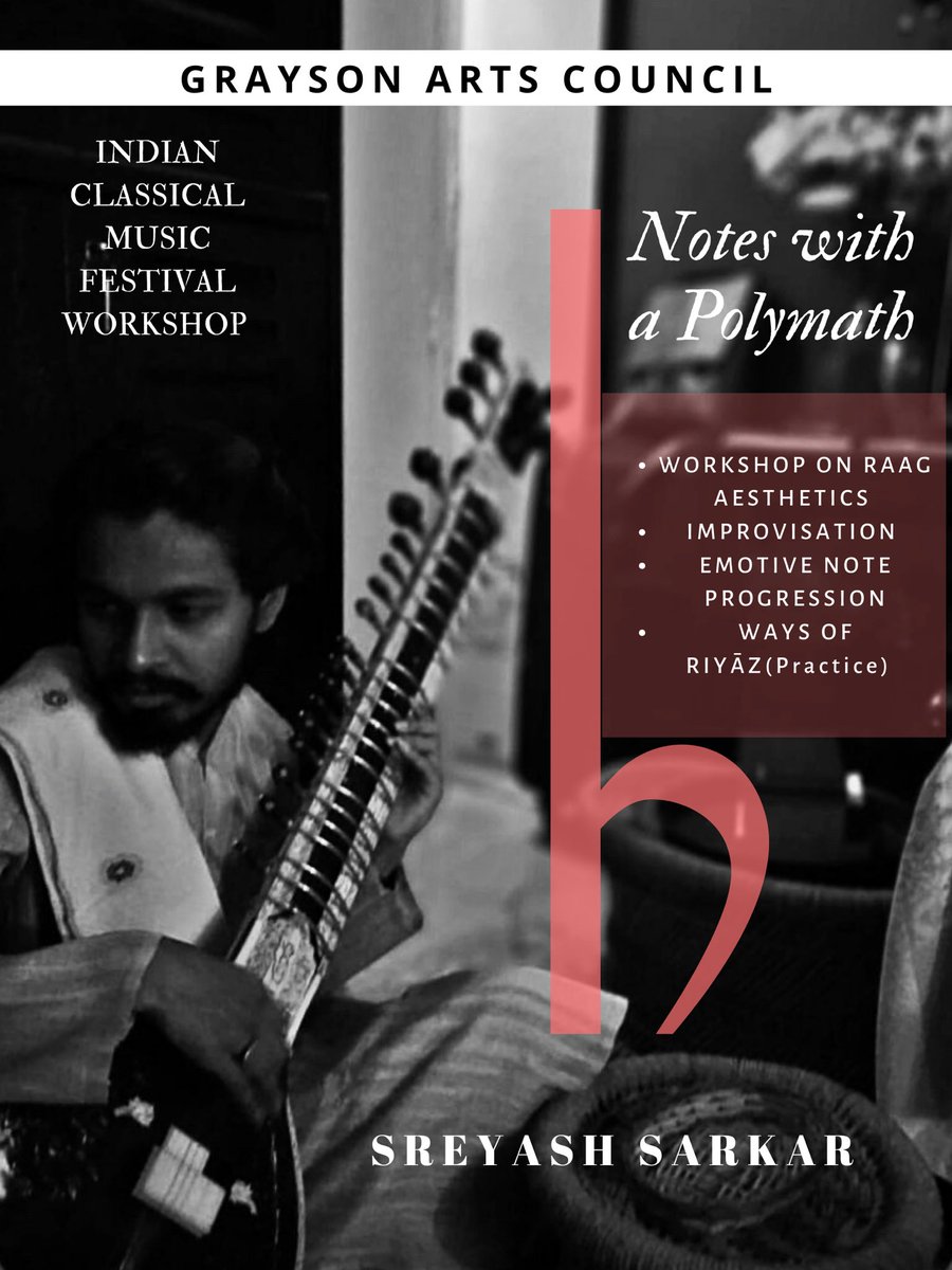 SarkarSreyash's tweet photo. #LateShare: I will be teaching a workshop, as part of Grayson Arts Council(USA)’s Indian Classical Music Festival, on various Raag aesthetics, improvisation and on technical details of riyāz and much more.
Stay tuned for registration links for upcoming sessions in March.
Xx
— https://t.co/vpwN7WHcg0