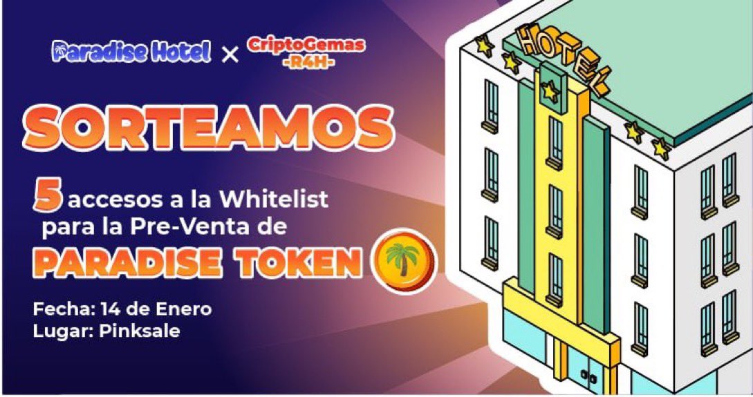 CriptoGemas_R4H's tweet photo. 📌 NUEVO SORTEO❗️

5 WHITELIST de la preventa del token para el juego de #ParadiseHotel 🥳

👉🏻 Para participar:

1⃣ Like y RT ✅
2⃣ Seguir @criptogemas_R4H y @ParadiseHotelOf ✅
3⃣ Menciona a 3 amigos (+menciones +posibilidades) ✅

▪️Los ganadores se anuncian mañana https://t.co/ALizSYBUHE