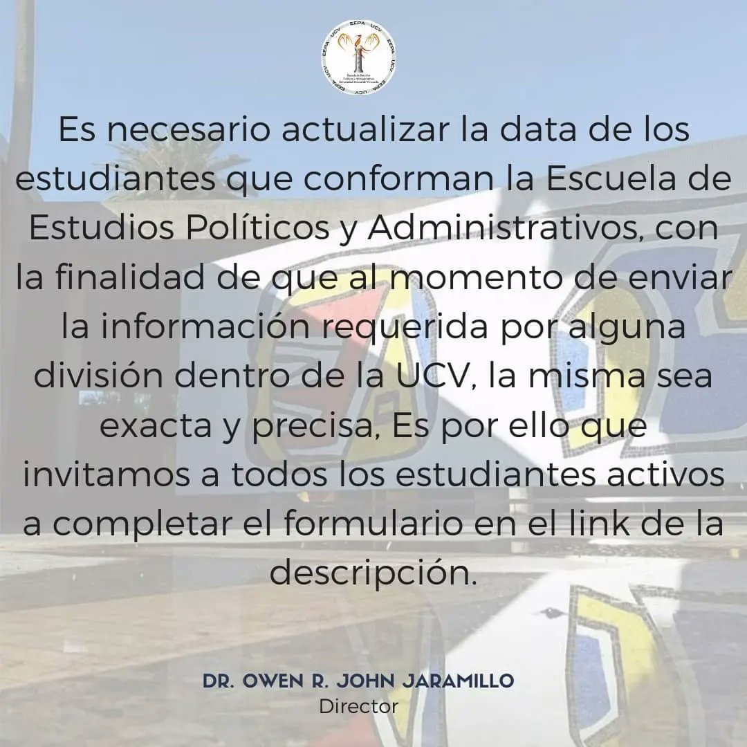 Proceso de actualización de la data estudiantes de la EEPA.
Desde el martes 11 al domingo 16 de enero de 2022.
docs.google.com/forms/d/e/1FAI…

#eepaucv #eepa #ucv #tricentenaria #300años