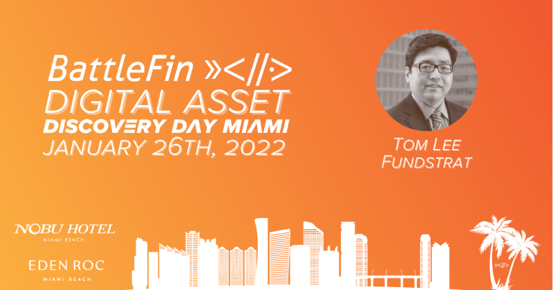 FundstratDirect's tweet photo. We are excited to announce @fundstrat will be speaking at @Battlefin's Discovery Day Miami on January 26th - 27th, 2022 at the Nobu Eden Roc Hotel on #Miami Beach.

 Join us, and use DAB20 for 20% off your attendee tickets!

 #AlternativeData #BattleFinAI @BattleFinAI