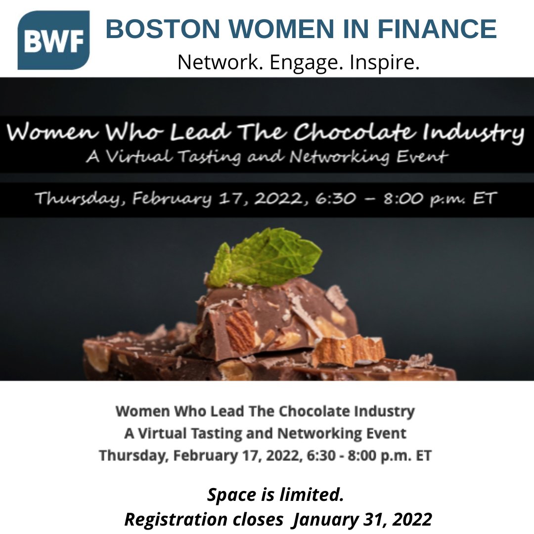 Members, please join Boston Women in Finance and Cocoa Beantown Tours & Events for a tour of the women who lead in the complex and creative chocolate industry!   https://t.co/bXyBseboyF

For questions or more information, please contact us at info@bostonwomeninfinance.org. https://t.co/tcTTaAJQWB