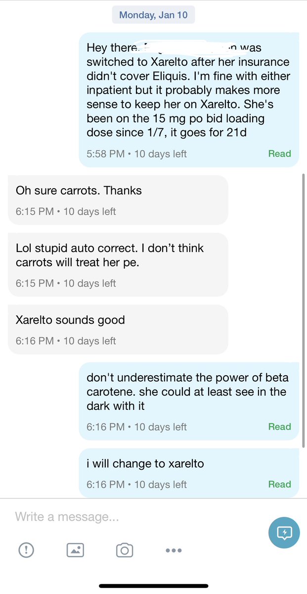 Texting with hospitalists is so fun… Beta Carelto for PE coming soon 🥕👨🏿‍🌾🧑🏻‍🌾🫁 #carrotsforpulmonaryembolism #MedTwitter #pharmtwitter #twitterx #xarelto #carrot