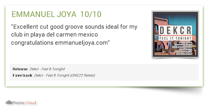 LabelWight's tweet image. EMMANUEL JOYA supports: Dekcr - Feel It Tonight 10/10 #newrelease pcl.la/8LV0WG