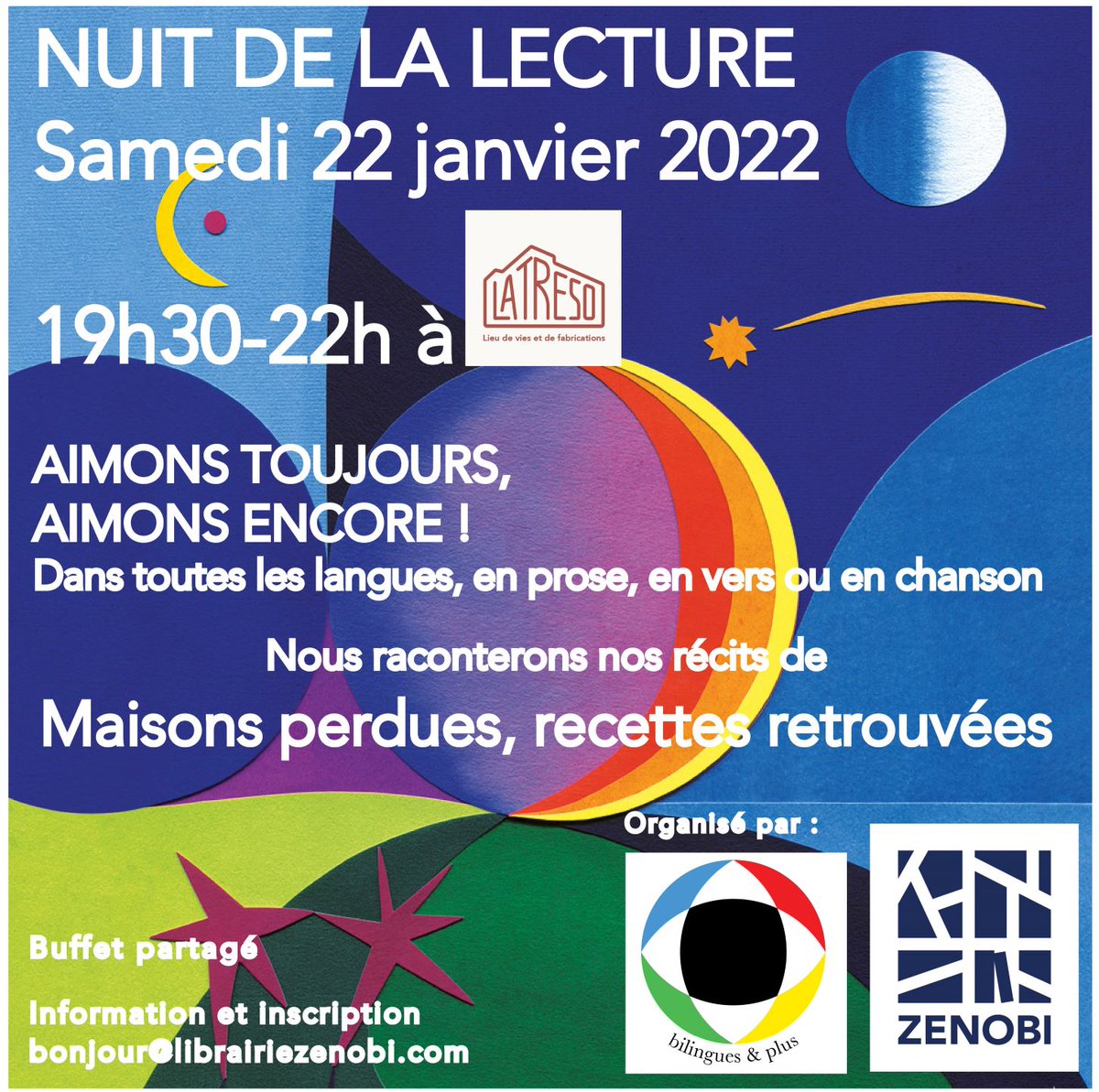 BilinguesPlus's tweet photo. La Nuit de la lecture à @la_treso arrive à grand pas ! 🙌 Rejoignez-nous le samedi 22 janvier pour une soirée multilingue de nourriture, de contes et de partage ! Inscription ➡️ bonjour@librairiezenobi.com https://t.co/MGyAJOnJg3