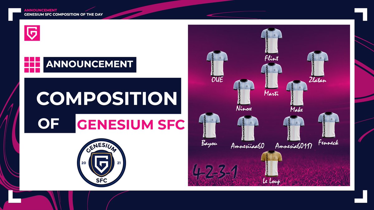 Composition du jour du <a href="/GenesiumSFC/">Genesium SFC ⚽</a> ⚽️

🗓️ Mardi 11 Janvier

🏆 @EfifaOnline • Ligue 2 🟢

🆚 @OrpheeFC 

🏆 <a href="/SwissVPG/">VPG Switzerland 🇨🇭</a> • Ligue Challenge

🆚 @Eagle_Esport21
🆚 @FcLeopard1983
🆚 #CapitalStars
🆚 @LHeFootPS4 AC

📋 4-2-3-1

<a href="/TeamGenesium/">Genesium 🌴</a> #WhereItBegins 👾