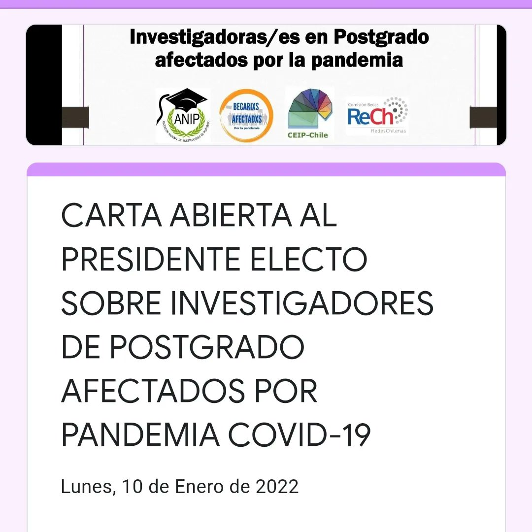 Ciencia_cipres's tweet photo. Nos sumamos a la campaña de adhesión y difusión de esta carta abierta al presidente electo @gabrielboric, respecto a la precaria situación de los postgrados en Chile y el extranjero. Pueden apoyar como persona natural u organización hasta el 14 de enero!
https://t.co/GewA7gOG0o https://t.co/LOY7LITCjg