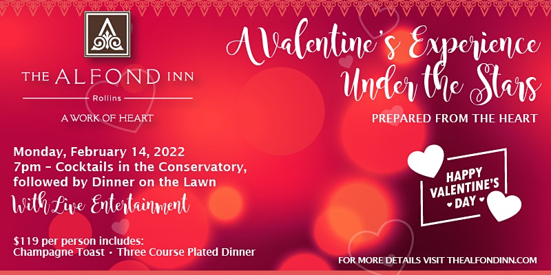TheAlfondInn's tweet photo. Join us Feb 14th for a romantic Valentine's Experience Under The Stars featuring live entertainment, chef prepared 3-course meal, champagne and more. 
https://t.co/gVLvAyKWw9 https://t.co/gWEfVxvzad