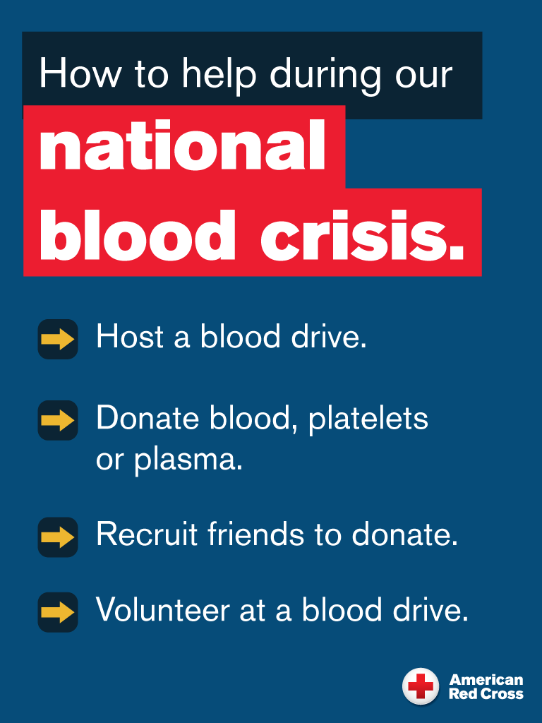 We're facing a national blood crisis. 

Doctors are having to make tough choices about who receives transfusions and who has to wait. You can help by making an appointment to give at rdcrss.org/3JXls3M or these 3 other ways.