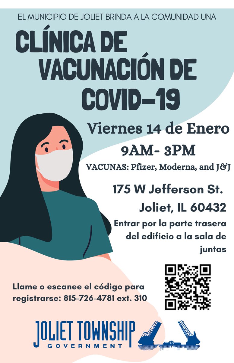A COVID Vaccination Clinic will take place January 14th from 9 am-3 am at Joliet Township Government Offices, 175 W. Jefferson Street in Joliet. First doses and boosters are available (Pfizer, Moderna and J&amp;J). Pre-registration is encouraged.