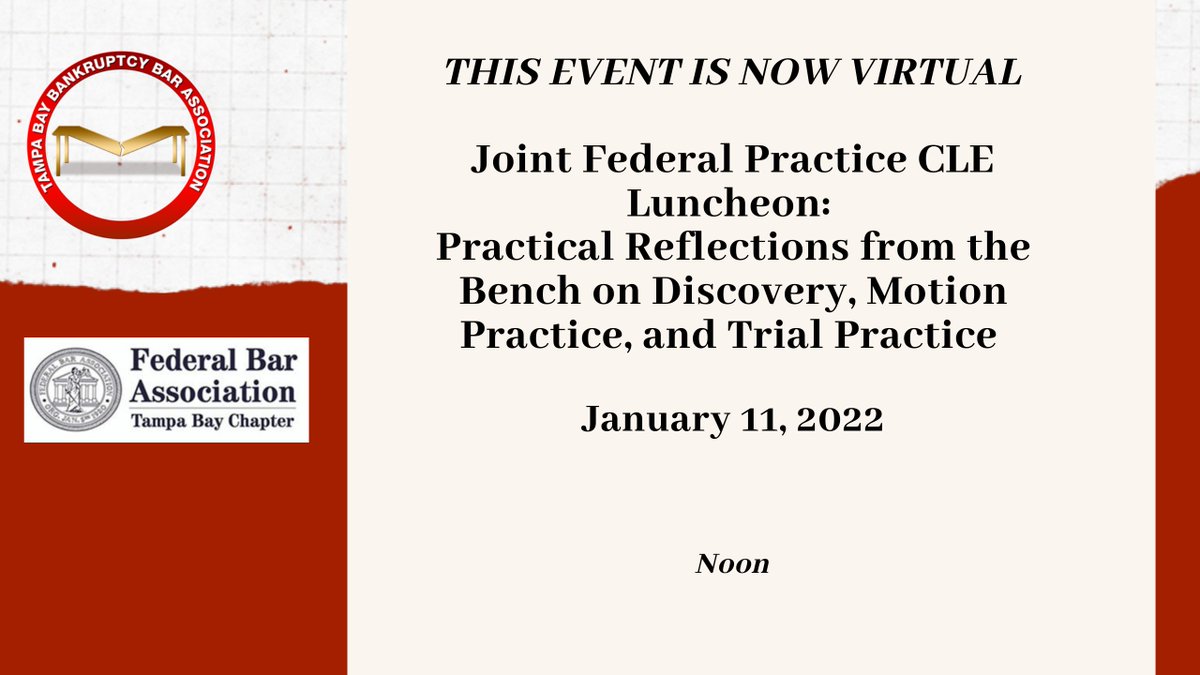Due to rising covid numbers, today's CLE will now be virtual. Register here
us06web.zoom.us/webinar/regist…