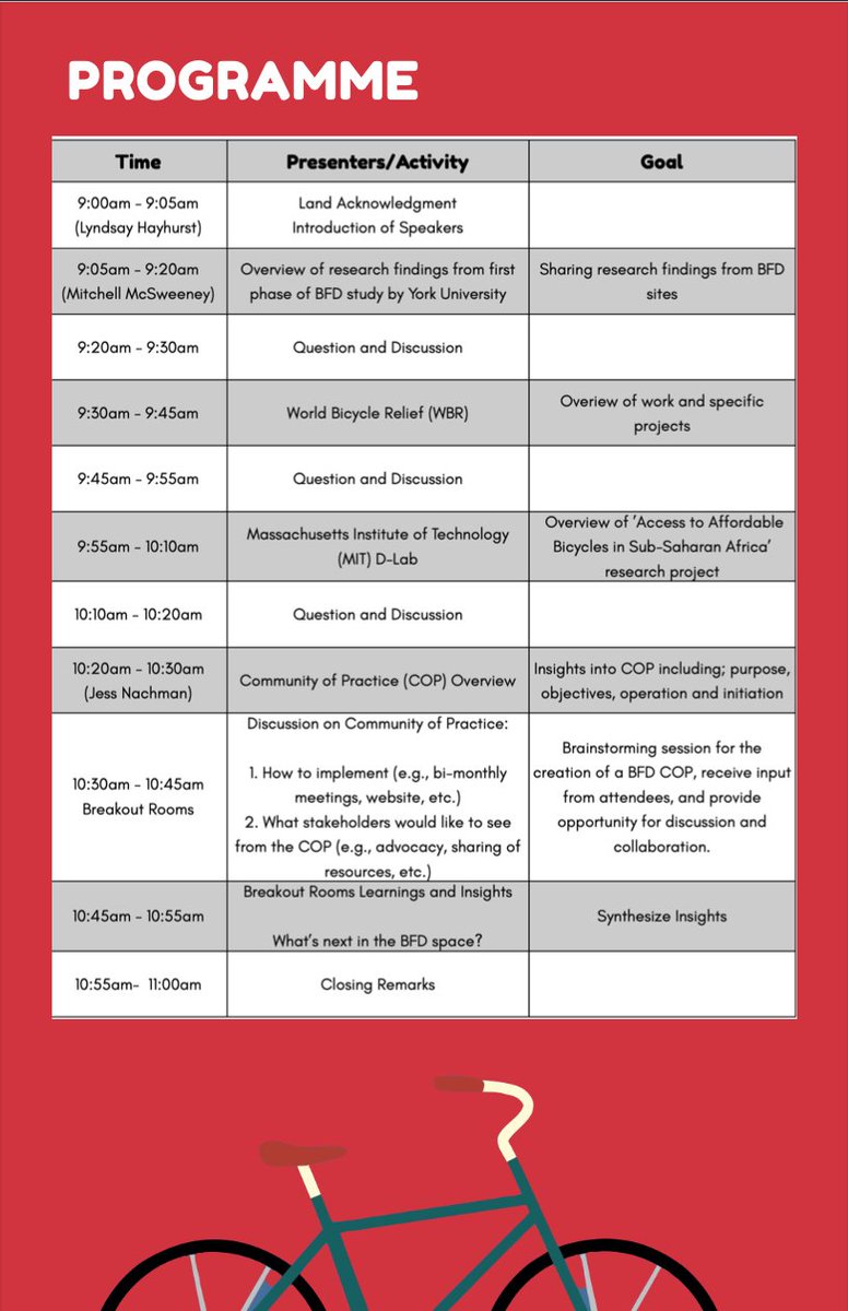 ATTENTION ALL BICYCLE ENTHUSIASTS 🚨 Our Bicycles for Development research team, World Bicycle Relief, and MIT D-Lab's research team will be hosting a BFD workshop January 31st from 9AM to 11AM. Register for the event here ➡️ yorku.zoom.us/meeting/regist…
#BicycleLife #development
