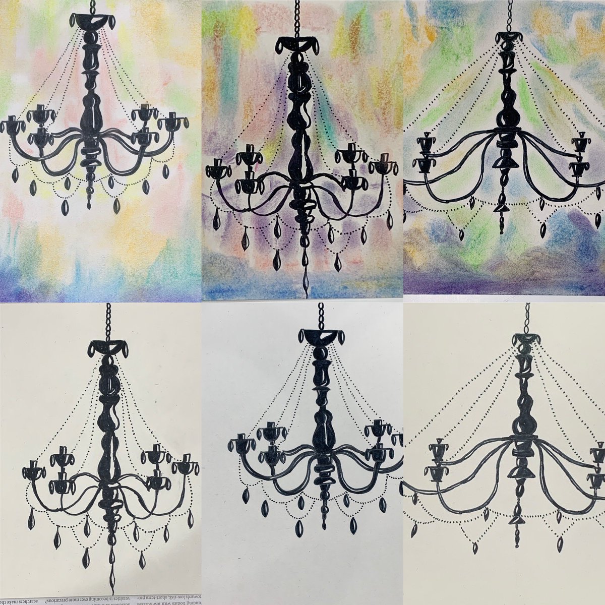 Chic chandeliers from Tuesday drawing class. Before and after adding chalk.
Super aren’t they?
.
.
#chalk #chalkdrawings #chalkbirddrawings #adultartclasses  #adultdrawingclass #draw #Drawing #DrawingClass  #learntodraw #kajabihero #createartschool #iteachwithudemy
#chandeliers