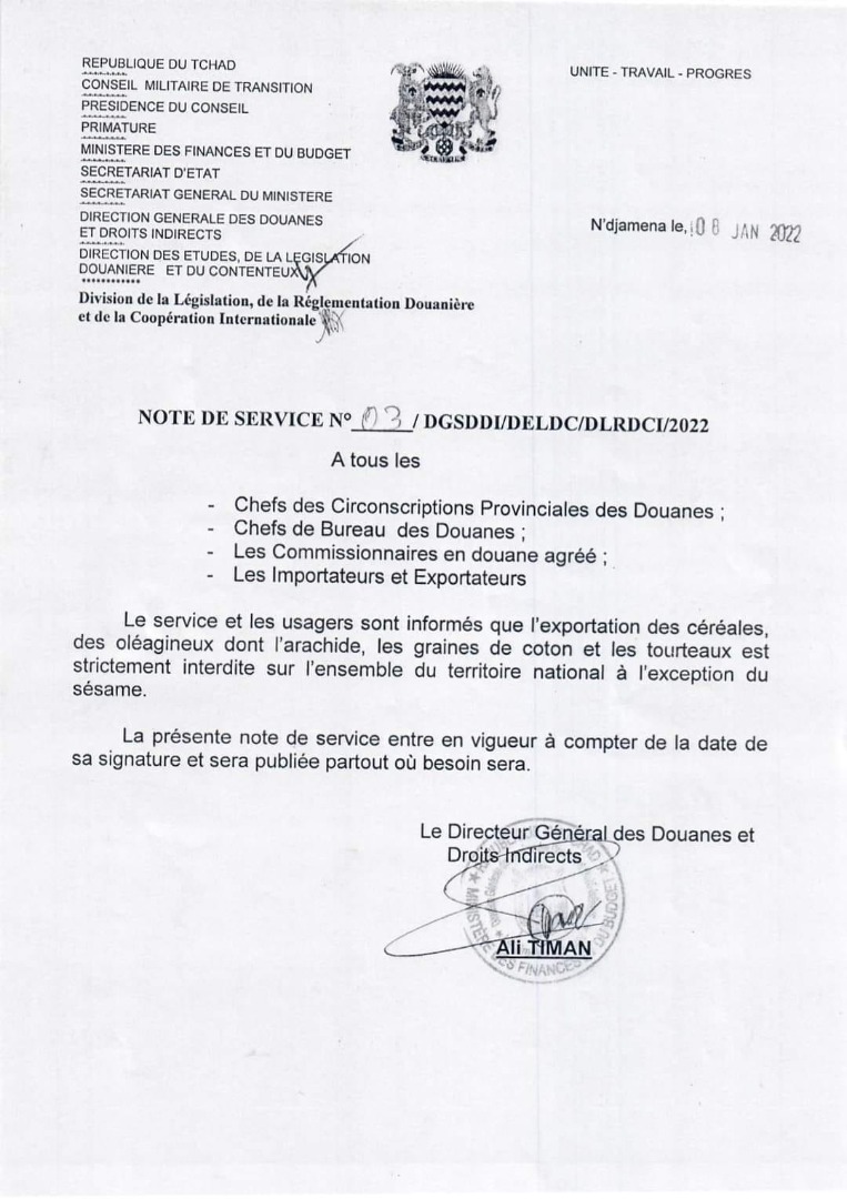 #Tchad - Faible pluviométrie, risque de #famine... l'Etat interdit l’exportation des céréales, des oléagineux et des tourteaux de coton. #agriculture #foodsecurity #securitealimentaire #provisions #exportations #denreesalimentaires