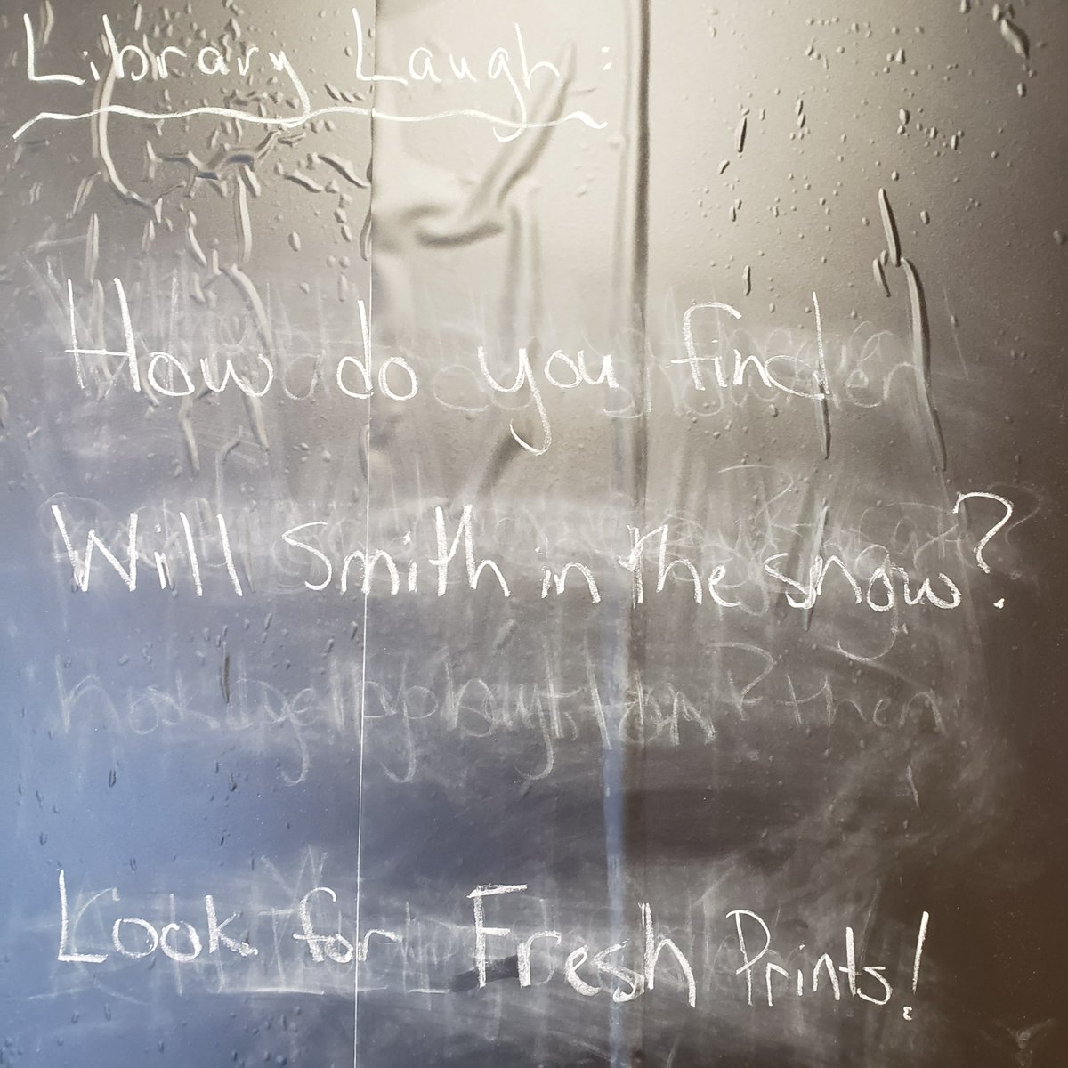 SRCHuskyLibrary's tweet photo. Our new #LibraryLaugh is up!
How do you find Will Smith in the snow?
You look for Fresh Prints! https://t.co/mzIUsDoHfu