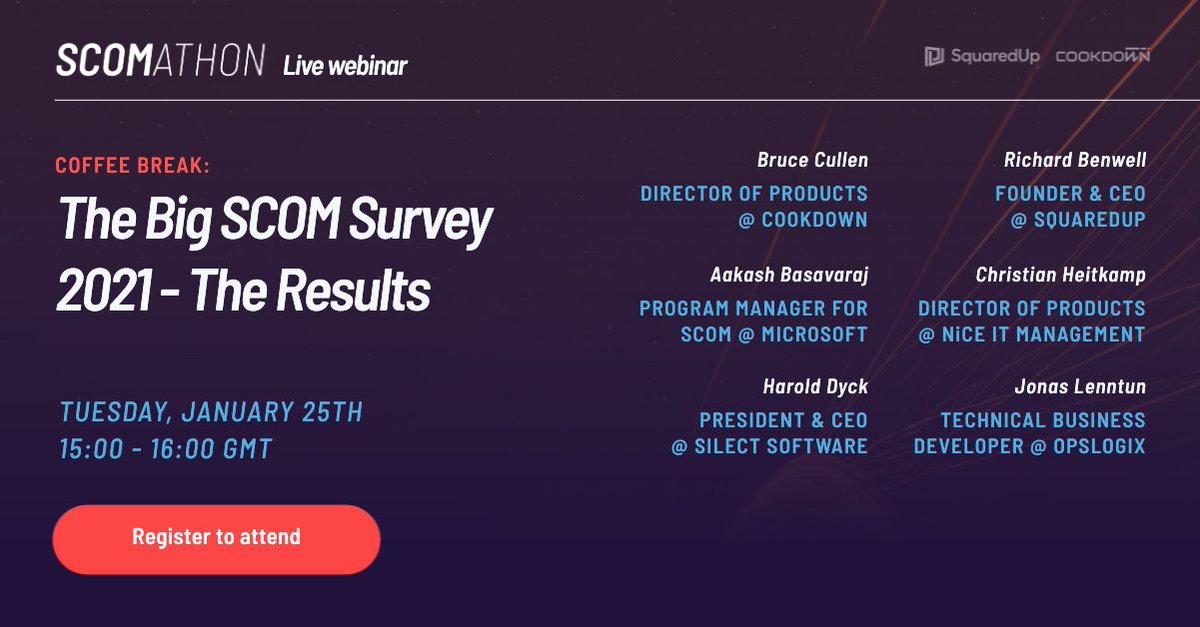 New Coffee Break webinar! <a href="/TheRealBruceC/">Bruce Cullen</a> will be joined by a panel of #SCOM experts comprised of @richbenwell, Aakash Basavaraj, <a href="/Chris_Heitkamp/">C. Heitkamp</a>, Harold Dyck, and <a href="/lenntun/">Jonas Lenntun</a>, to explore and discuss the results of The Big SCOM Survey 2021! Register here 👉 bit.ly/3thVNwX