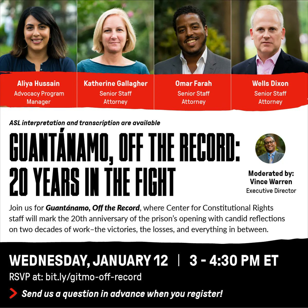 TOMORROW: Join us for Guantánamo, Off the Record, to mark the 20th anniversary of the prison’s opening with candid reflections on our work‒the victories, the losses, and everything in between. With <a href="/aliya_hana/">Aliya Hussain</a> @katherga1 <a href="/jwellsdixon/">Wells Dixon</a> <a href="/VinceWarren/">Vince Warren</a>
RSVP: bit.ly/gitmo-off-reco…