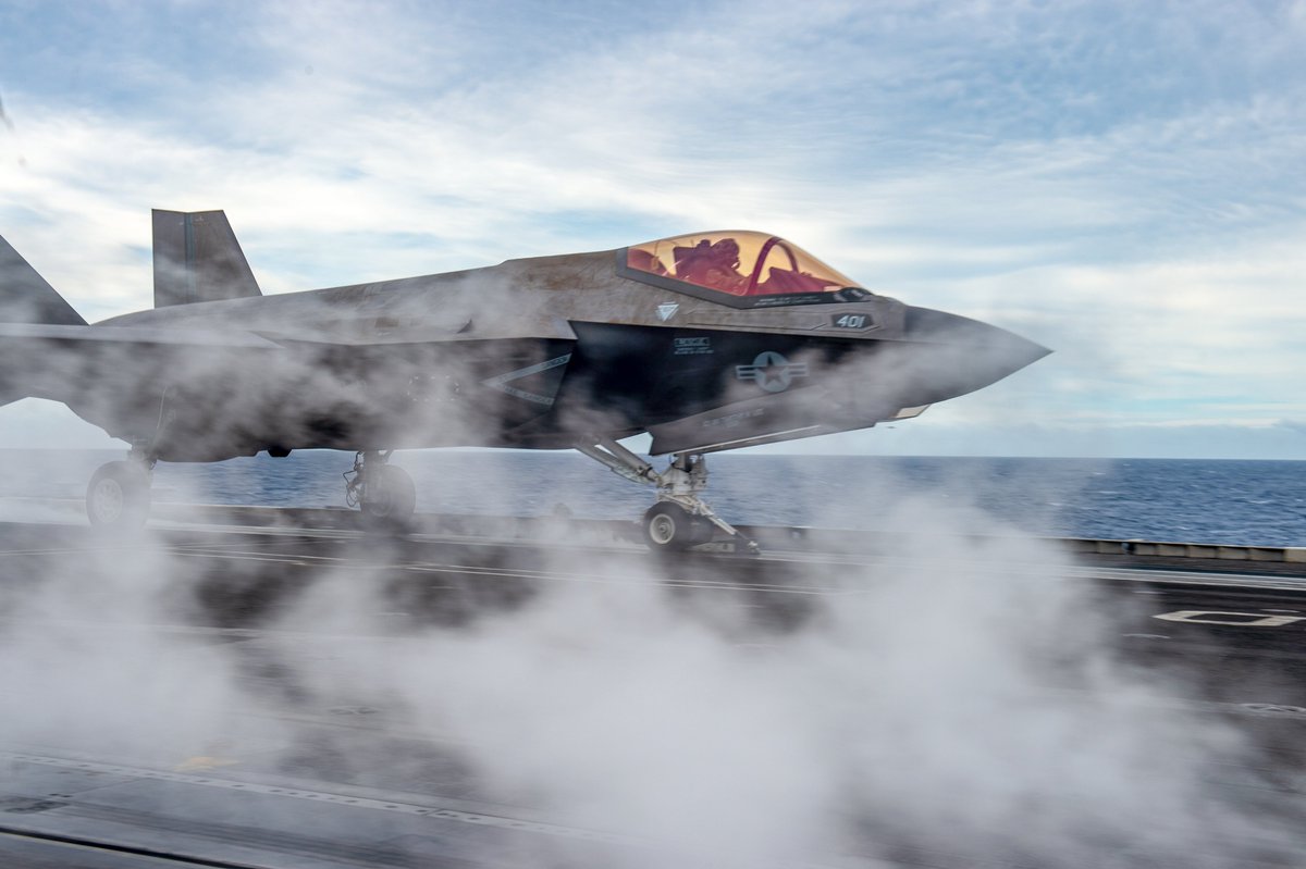 An #F35C Lightning II⚡, assigned to the Argonauts of Strike Fighter Squadron #VFA147, launches off the flight deck of the USS Carl Vinson (#CVN70).