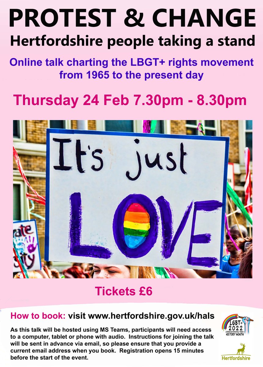 #DYK it was illegal for men to engage in sexual acts in England between 1553 and 1967? Or that a Hertfordshire lord pushed for decriminalisation in Parliament? Learn about this and more in our online #LGBTHistoryMonth talk, Protest &amp; Change!

Tickets: bit.ly/3zMJx8K
