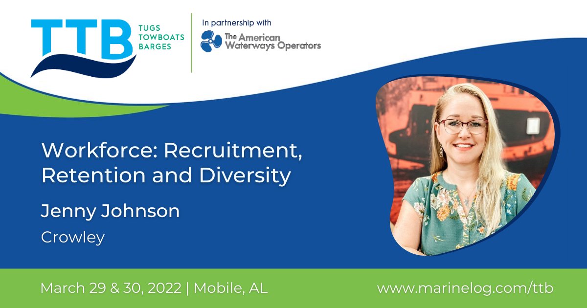 Join us in Mobile for #TTB2022 for informative panels on enhancing your maritime labor force. Recruitment, Retention, & Diversity includes insights from Jenny Johnson of @CrowleyMaritime 
Full agenda at https://t.co/Ue5CfOHzXG https://t.co/eSO2jNckq6