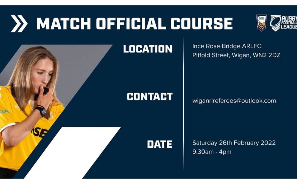 Upcoming Match Officials course 🗣 📍Ince Rose Bridge, Wigan 📆 Saturday 26th February Details on how to register below 👇 #GiveitaTRY🏉