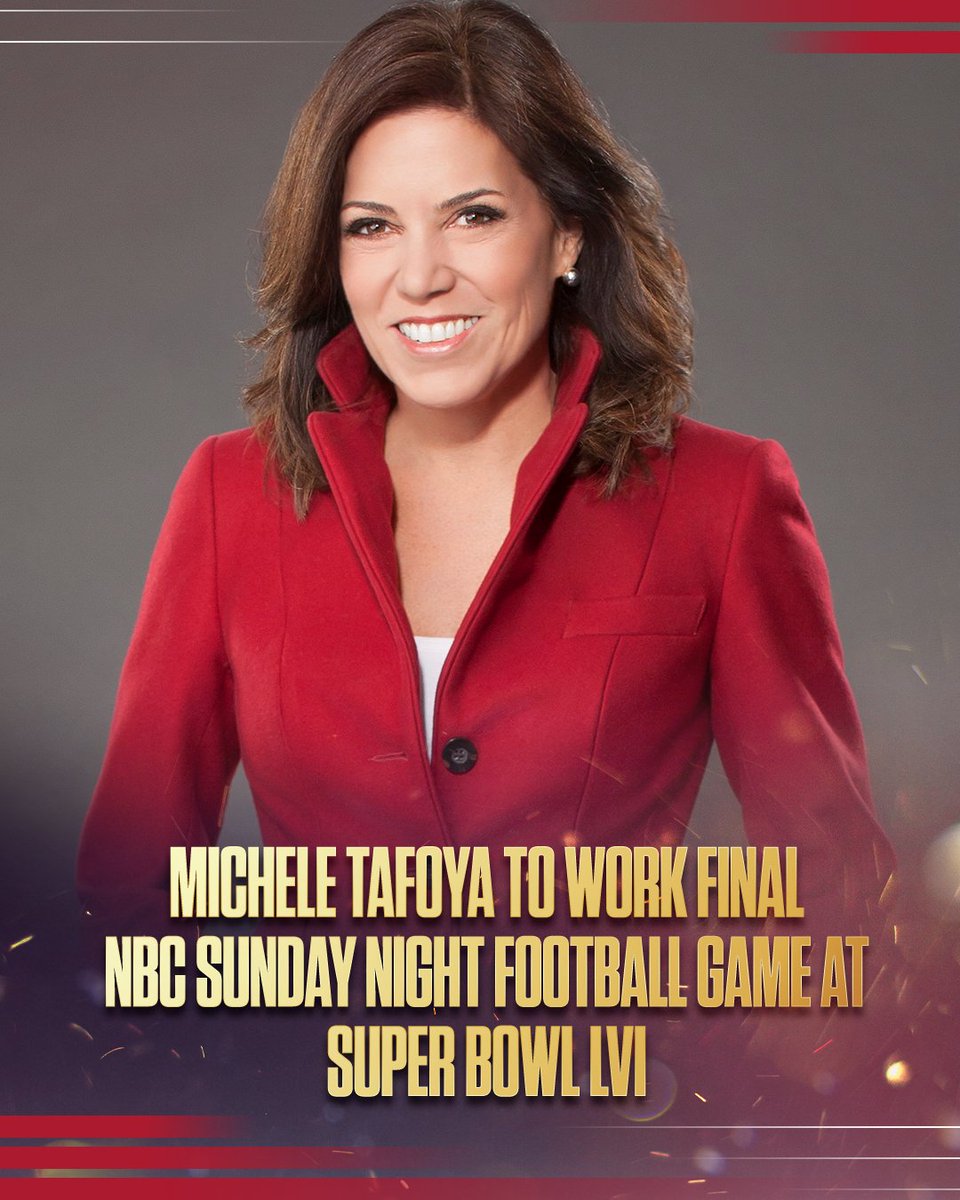 SNFonNBC's tweet photo. "There’s no better way to walk away from covering the NFL than with one more Super Bowl!" 

Record-setting, four-time Sports Emmy Award winner Michele Tafoya will work her final NBC Sunday Night Football game at Super Bowl LVI: https://t.co/pYiV4K28SX https://t.co/Der5mzKibI
