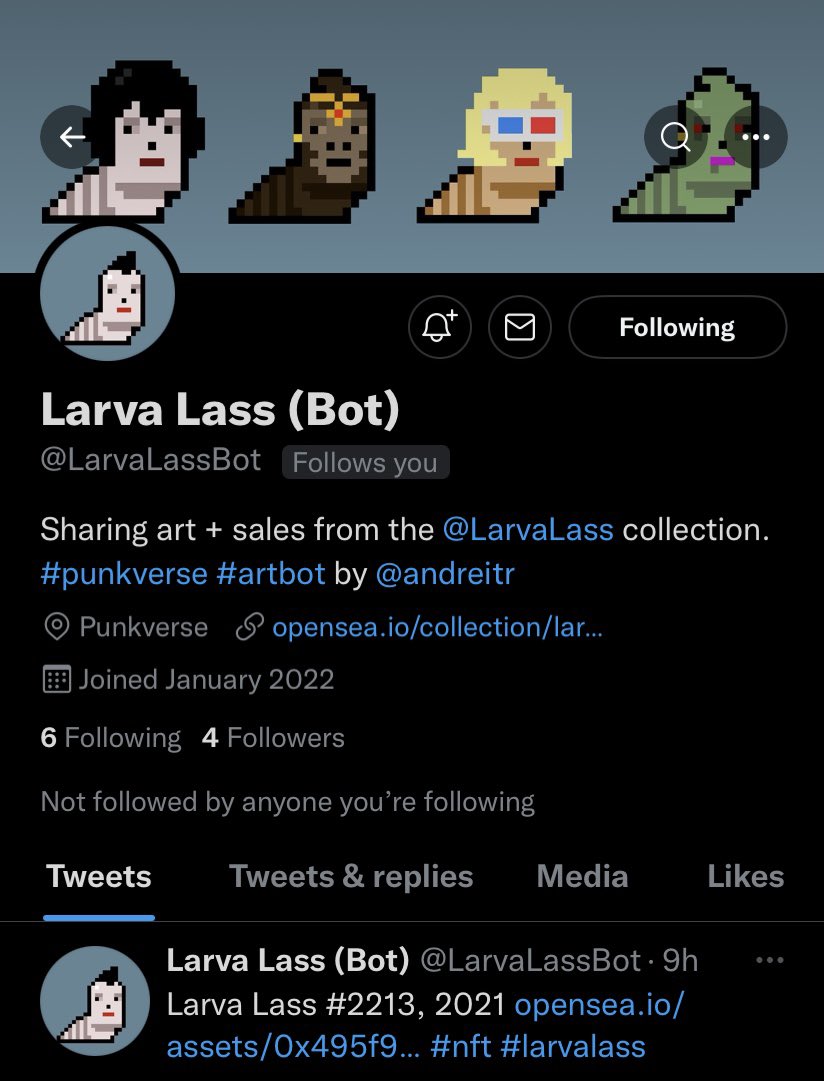 LarvaLass's tweet photo. Thank you so much to @andreitr for creating a bot page for our collection @larvalassbot and for including us in his great #artbot project! You’re the best Andrei 🙏🏻❤️

#NFTCommumity #NFTs #nftcollectors #punkverse #nftart https://t.co/QHFANEJaC5