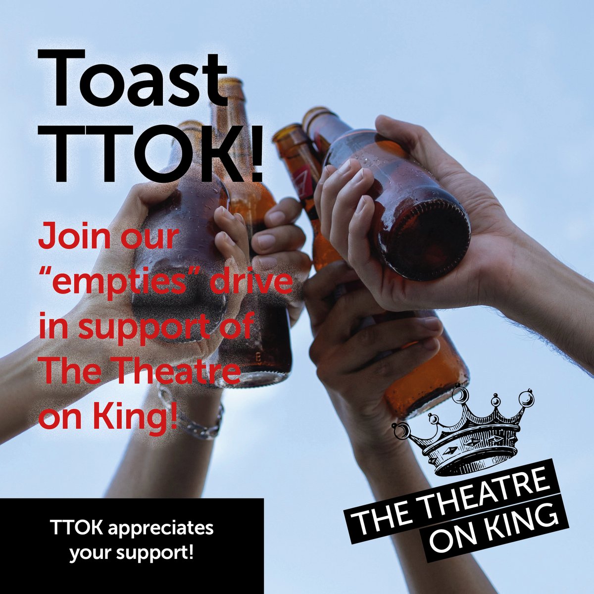 TTOK120's tweet photo. Toast TTOK Returns! 🥂
By popular demand and necessity!
Join our “empties” drive in support of The Theatre on King!
On Saturday, January 22 you can:
Drop off your bagged/boxed empty beer cans and booze bottles at TTOK (171 King Street, Peterborough, ON) between 11-1 https://t.co/0ESRWd2RXB
