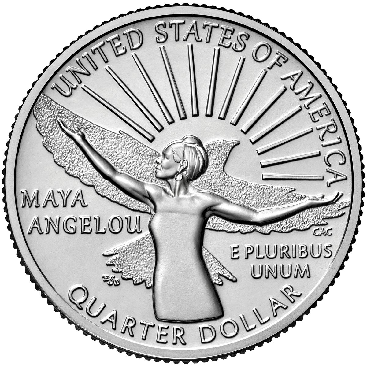 hrw's tweet image. For the first time ever, the US quarter features a Black woman. 

Maya Angelou, legendary American poet and civil rights activist, is being honored on the "tails" side of the coin, as part of the American Women Quarters Program.