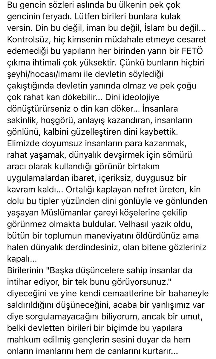 Enes Kara, 19 yaşında Tıp Fakültesi öğrencisi. Aile ve cemaat baskısından dolayı intihar etmiş gencecik bir çocuk. Sözü edilen cemaat ve benzerleriyle bunlara mensup ailelerin, bu gençleri anlaması mümkün değil.