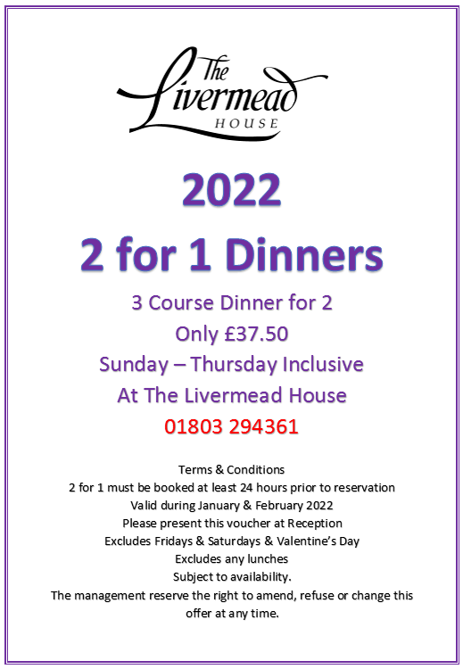 **SPECIAL OFFER** Our 2-4-1 Dinners are back throughout January &amp; February. So come along and enjoy yourself here at The Livermead House. Please see picture for all T's &amp; C's. #Torquay #Hotel #Offer